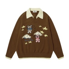 Retro Fun Bear Color Block Turn-Down Collar Sweater Unisex Casual Couple Knitwear