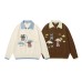 Retro Fun Bear Color Block Turn-Down Collar Sweater Unisex Casual Couple Knitwear