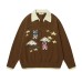 Retro Fun Bear Color Block Turn-Down Collar Sweater Unisex Casual Couple Knitwear