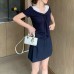 Strap V-neck lace patchwork short sleeved T-shirt