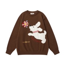 Fun Dog Letter Embroidery Crew Neck Sweater Unisex Versatile Knitwear Top