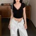 Lace patchwork V-neck short sleeved shirt