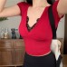 Lace patchwork V-neck short sleeved shirt