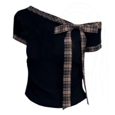 Off shoulder patchwork plaid strap bow short sleeved shirt