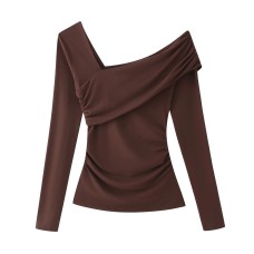 Asymmetric Shoulder Pleated Long Sleeve Top for Women