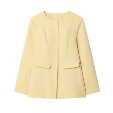 Round neck long sleeved waist cinched solid color single breasted suit jacket