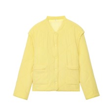 Round neck long sleeved patchwork diamond grid cotton jacket for women