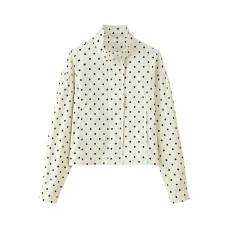Stand up collar long sleeved contrasting polka dot zipper jacket for women