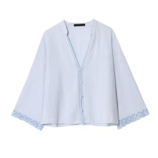 V-neck wide sleeved patchwork lace short shirt top for women