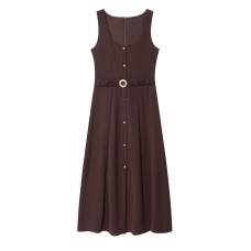 U-neck sleeveless single breasted dress with waistband and Midi