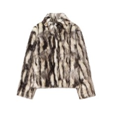 Stand collar long sleeved printed faux fur jacket for women