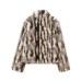 Stand collar long sleeved printed faux fur jacket for women