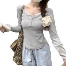 Lace patchwork semi open collar top