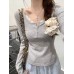Lace patchwork semi open collar top