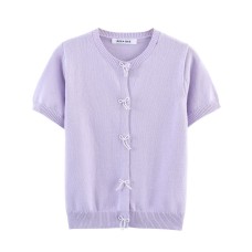 Pearl bow decoration round neck short sleeved knitted top for women