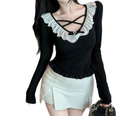 Black lace bottom top for women