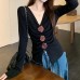 V-neck pleated three-dimensional flower top