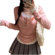 Lace patchwork floral fake two-piece top