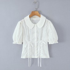 Bow Tie Hollow Embroidered Short Sleeve Bubble Sleeve White Top