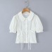 Bow Tie Hollow Embroidered Short Sleeve Bubble Sleeve White Top