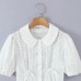 Bow Tie Hollow Embroidered Short Sleeve Bubble Sleeve White Top