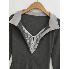 Lace Splicing Fake Two-Piece Fitted Long Sleeve T-Shirt