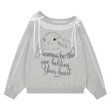 Cute Rabbit Print Large Collar Loose Autumn Hoodie for Female Students
