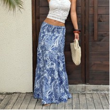 Vacation Style Elastic Waist Skirt Long Skirt