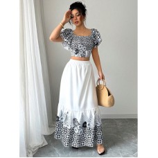 Elegant Summer Holiday Style Printed A-Line Dress Set for Women Elegant Summer Holiday Style Printed A-Line Dress Set for Women