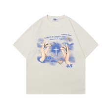 Design Gesture Print Faded Washed Short Sleeve T-Shirt Retro Loose Heavyweight Half Sleeve for Men