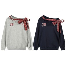 Slanted shoulder red checkered bow tied hoodie