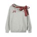 Slanted shoulder red checkered bow tied hoodie