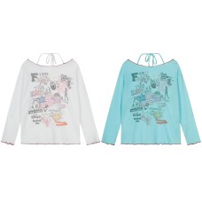Hanging neck loose fun graffiti long sleeved T-shirt
