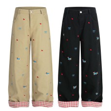Sausage dog embroidered rolled edge checkered casual pants