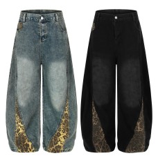 Retro leopard print patchwork hanging wide leg jeans