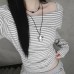 One-Shoulder Notched Collar Striped T-Shirt 