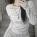 One-Shoulder Notched Collar Striped T-Shirt 