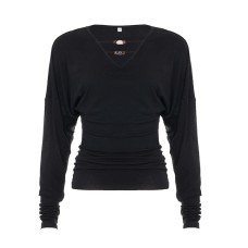 V-Neck Beaded Waist Pleated Slim Fit  Long Sleeve T-Shirt 