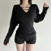 V-Neck Beaded Waist Pleated Slim Fit  Long Sleeve T-Shirt 