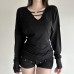 V-Neck Beaded Waist Pleated Slim Fit  Long Sleeve T-Shirt 