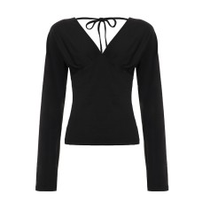 V-Neck Pleated Solid Color Long Sleeve Top 