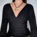 V-Neck Pleated Solid Color Long Sleeve Top 