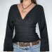 V-Neck Pleated Solid Color Long Sleeve Top 