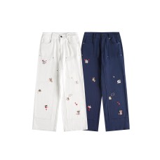 Fun cartoon embroidered denim straight leg pants