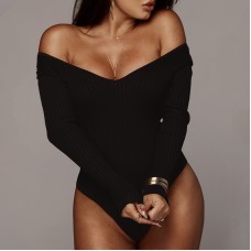 New Spring V-neck Long Sleeve Ribbed Fitted Jumpsuit Wholesale