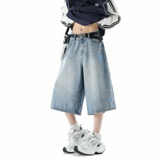 Seven-Quarter Denim Pants Men's Wide-Leg Flare Loose Slimming Casual Knee-Length Trousers