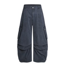 Street Style Washed Tapered Cargo Pocket Denim Long Pants
