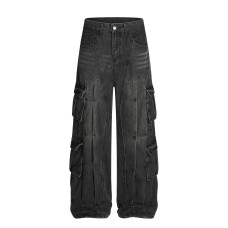 Street Style Washed Workwear Pocket Denim Long Pants
