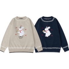 Vintage cute rabbit plush embroidered round neck sweater