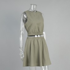 Round Neck Pleated Skirt Solid Color Comfortable Short Skirt Casual Commuting Set for Women